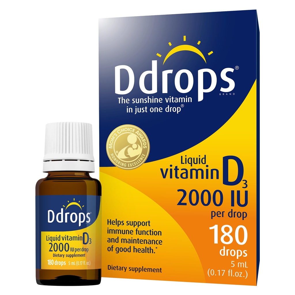 Ddrops Adulti 2000IU 180 Gocce - Supplemento di vitamina D3 liquida, supporto di ossa forti & sistema immunitario