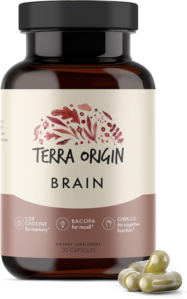 Terra Origine, Integratore sano del cervello, Capsule, 30 Serve, con CDP Choline, Ginkgo Biloba Extract, and Bacopa - per la mente sana, migliora la memoria, Richiamo e Funzione