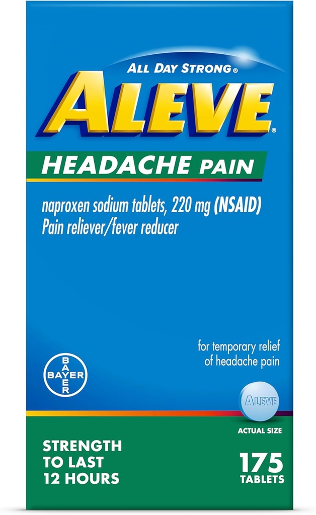 Tabelle di riduttore di mal di testa di Aleve & Fever, sodio di Naproxen, per mal di testa, medicina del dolore per gli adulti, pillole di sollievo di mal di testa, 175 Conte
