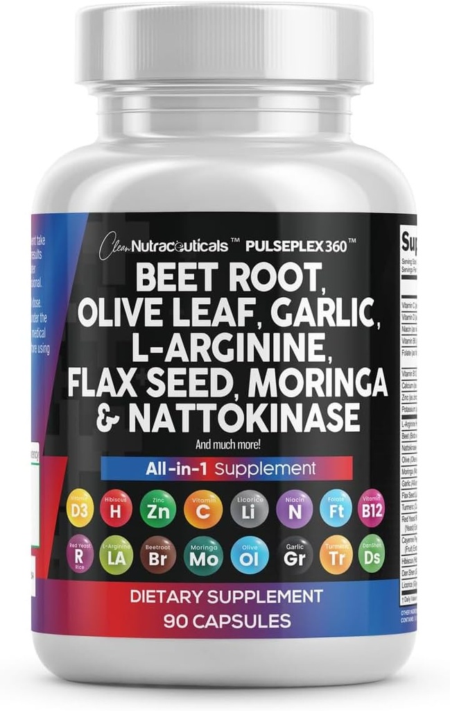 Pulire Nutraceuticals barbabietola capsule radice Olive Leaf Nattokinase Estratto di aglio L-Arginina Omega 3 Red Yeast Rice Hibiscus Danshen - Integratore di supporto sano - 90 Ct