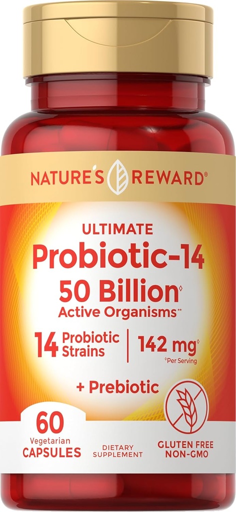 Probiotici con Prebiotici - 60 capsule - 142 mg - 50 Billion Atto attivo - Vegetariano, Non OGM & Gluten Integratore Libero - by Nature's Reward