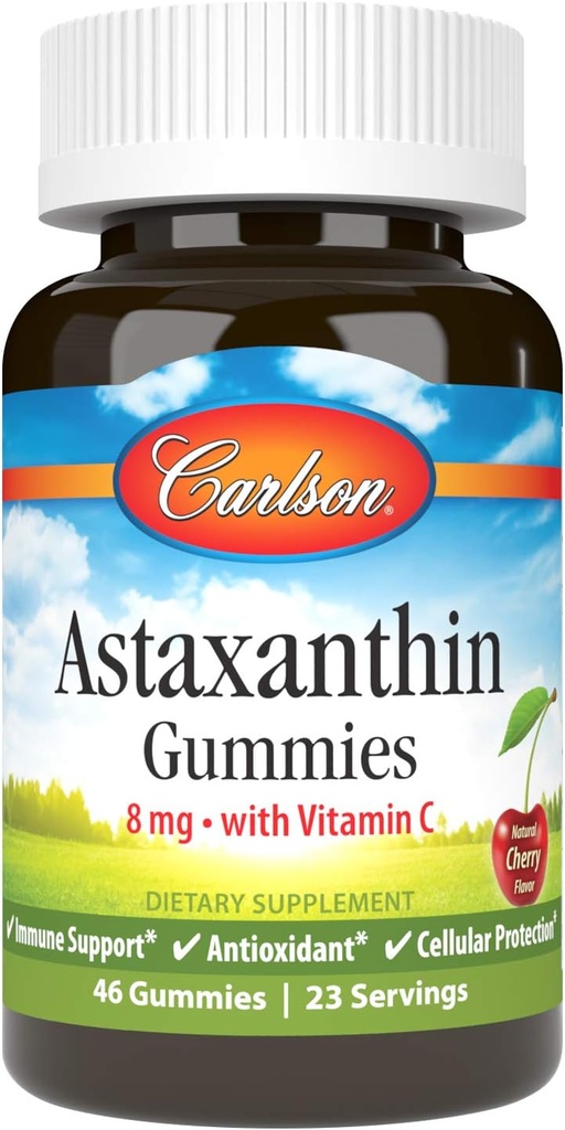 Carlson - Astaxanthin Gummies, con vitamina C, supporto immunitario, antiossidante, salute del cuore, non OGM, Cherry Flavor, 46 Gummie vegetariane