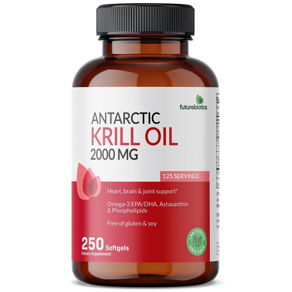 Futurebiotici Antartico Krill olio 2000mg con Astaxantina, Omega-3s EPA, DHA e Phospholipids - 100% puro Premium Krill olio pesante Metal Tested, Non OGM – 250 Softgels