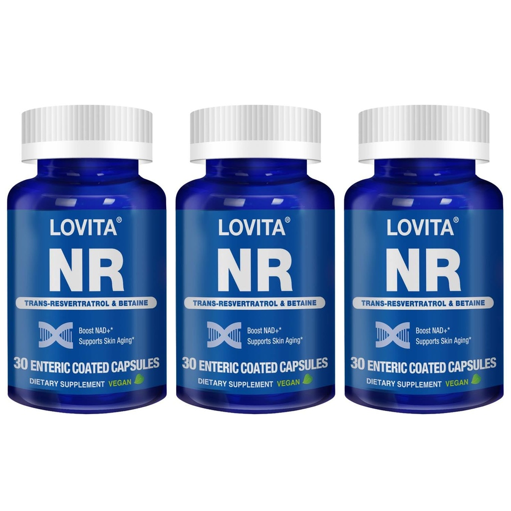 Lovita NR (Nicotinamide Riboside) 350 mg, NAD Supplemento con Trans-Resveratrolo e Betaine, Promuovere NAD Plus Livelli, Invecchiamento sano, 30 Vegan Enteric-Coated Capsules (Pack of 3)