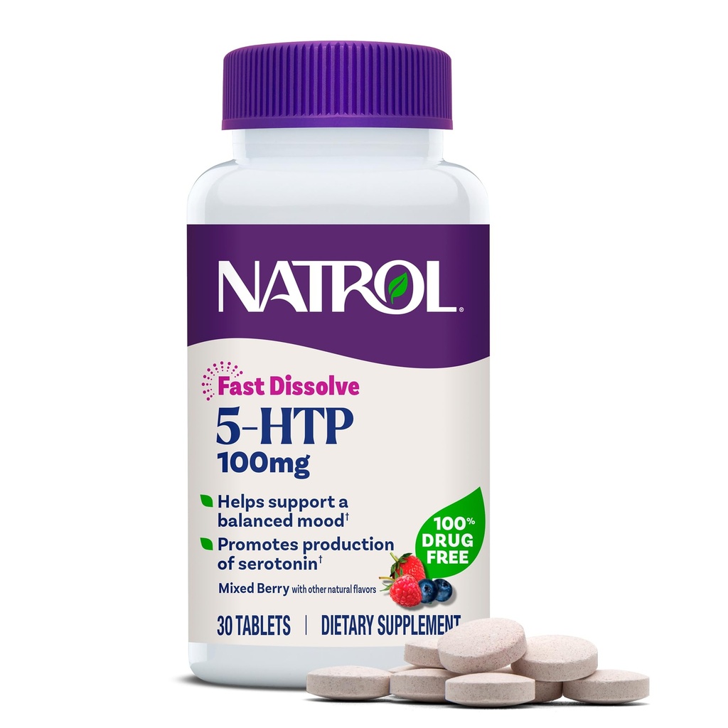 Natrol 5-HTP 100 mg, Fast Dissolve Supplement, Supporta un bilanciato Mood, Serotonina Produzione e General Well-Being, 30 compresse di bacche miste, fino a un 30 giorni di alimentazione