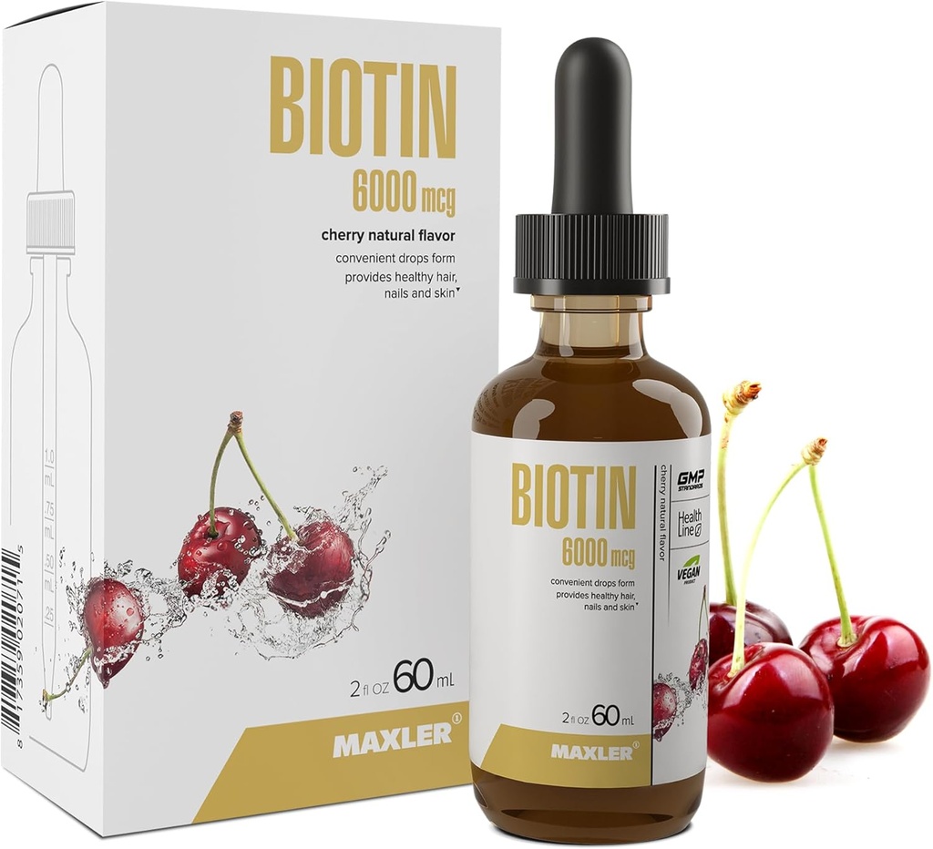 Gocce di biotina liquida Maxler - Vitamine di biotina vegane per la pelle e le unghie dei capelli - Integratore biotina per il metabolismo dei carboidrati, proteine e grassi - 6000mcg di Biotin Liquid Per Serving - Aroma di ciliegia