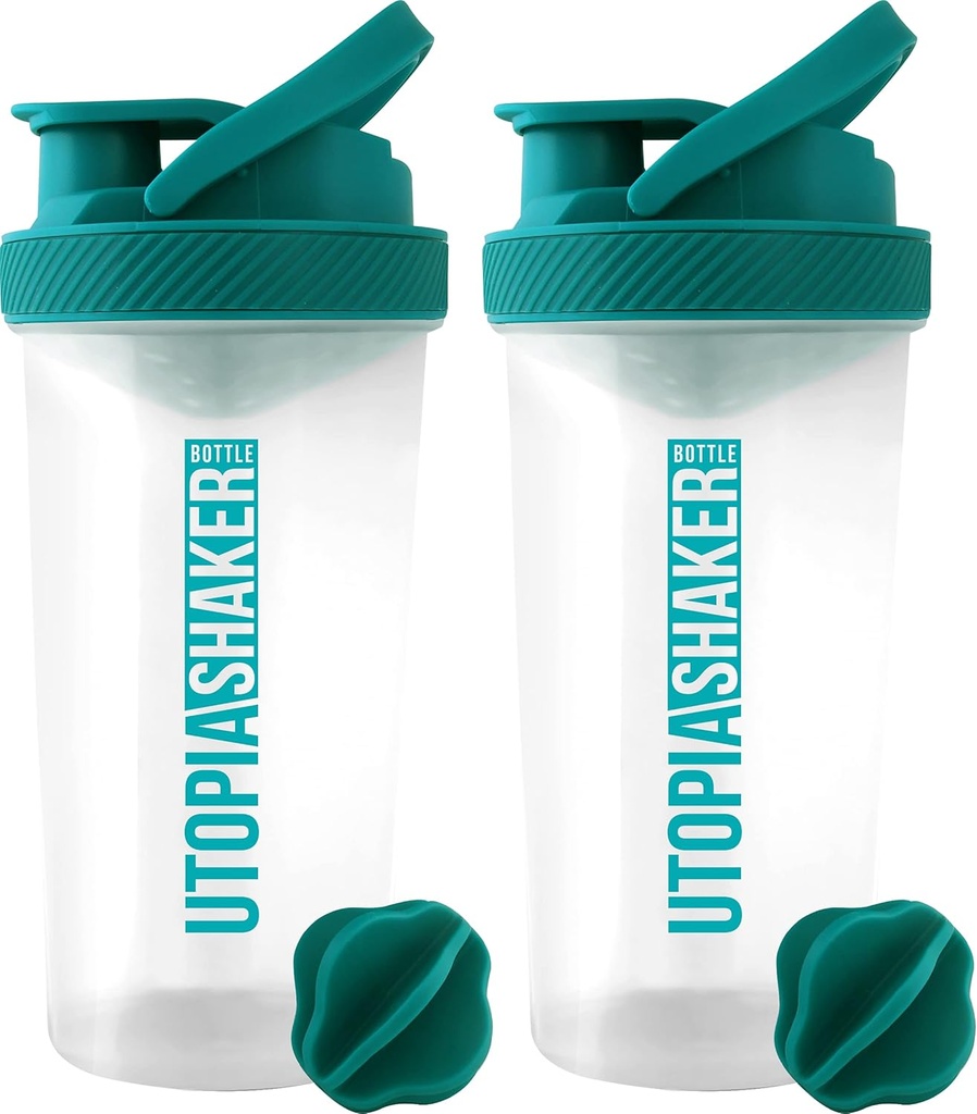 Utopia Home Protein Shaker Bottiglia - (Pacchetto di 2) 28 once Shaker bottiglie per miscele proteiche - Fitness Sports Classic Protein Mixer Shaker Bottiglia (Clear/Teal)