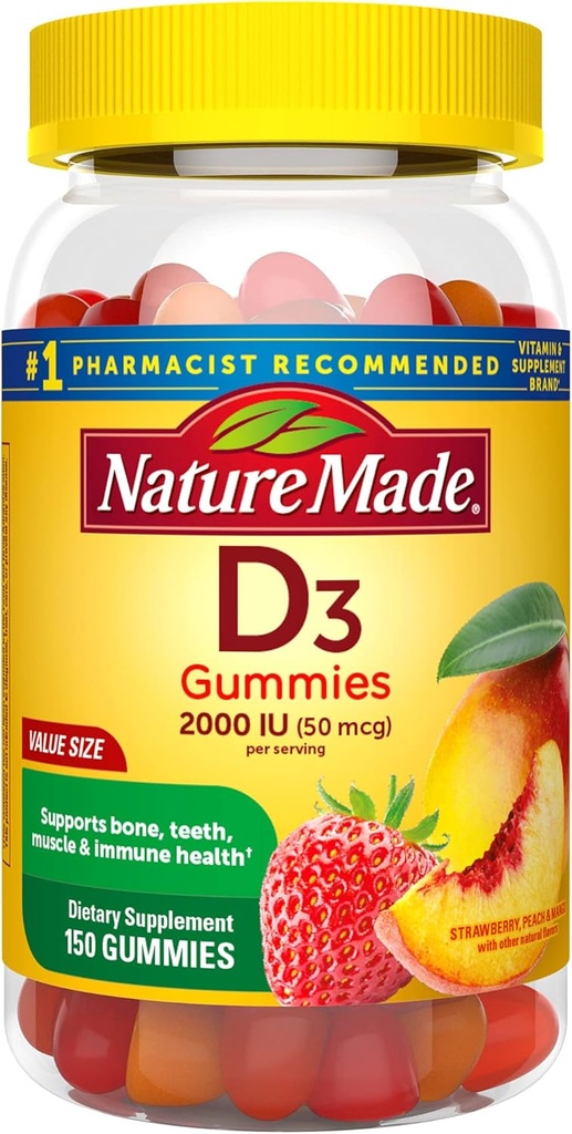 Vitamina D3, 150 Gummies, Vitamina D 2000 IU (50 mcg), Vitamina D Gummies Per Adulti Aiuta a sostenere la salute immunitaria, le ossa forti e i denti, & Funzione muscolare, 250% del valore giornaliero per la vitamina D