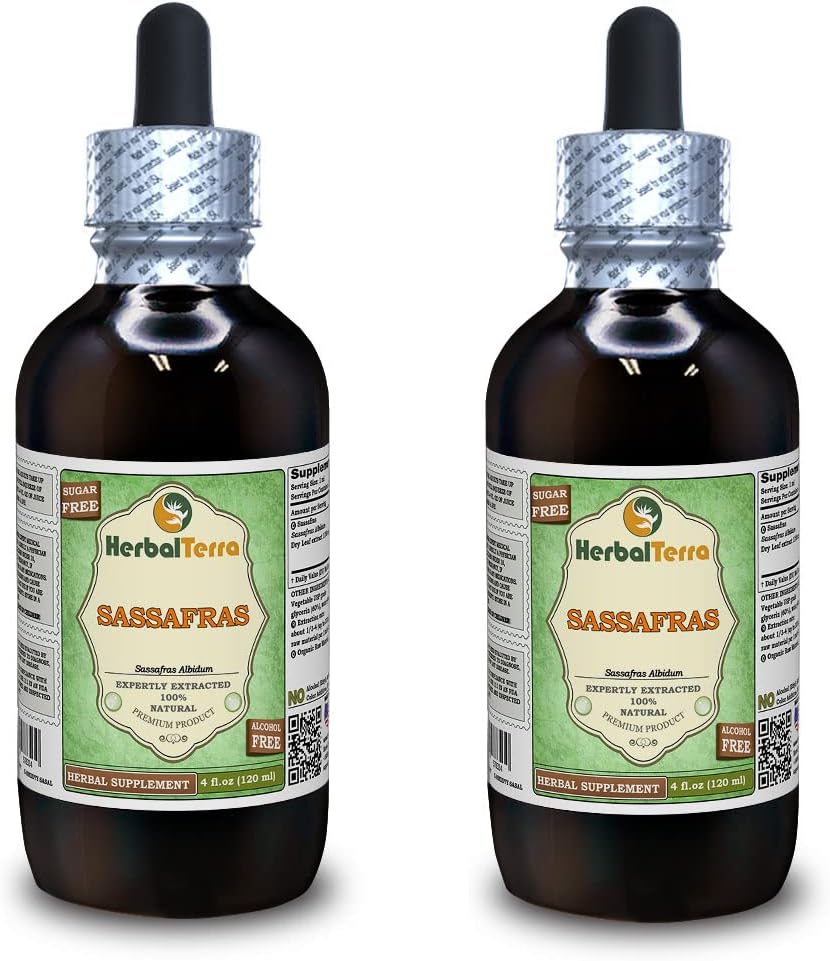 Sassafras Organico (Sassafras Albidum) Glycerite, Dried Leaves Alcohol-Free Liquid Extract (Brand Name: HerbalTerra, Proudly Made in USA) 2x4 fl.oz (2x120 ml)