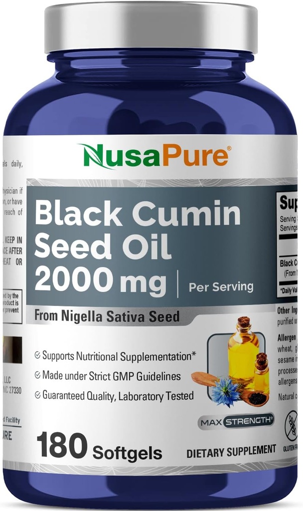 NusaPure Black Seed Oil 2000mg per Serving - 180 Softgel Caps (non OGM, senza glutine) Nigella Sativa a freddo