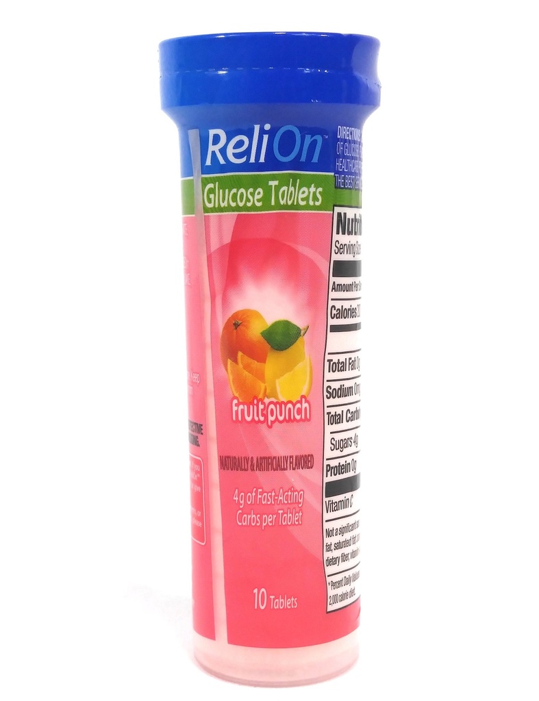 ReliOn Glucose Fruit Punch, 10 compresse, On-The-Go Tube.