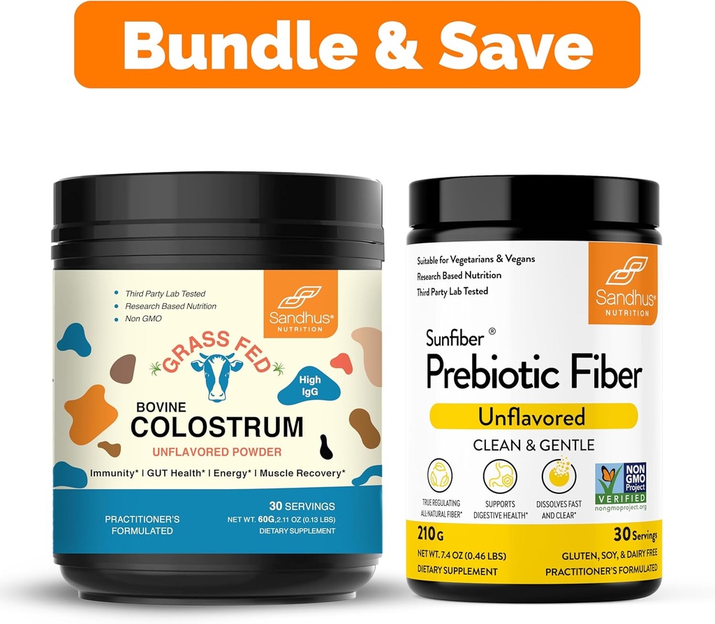 Pure Bovine Colostrum Powder Supplement for Humans 30 Servings & Prebiotic Fiber Supplement Powder| Supporta Immune, Gut, Digestive & Colon Health