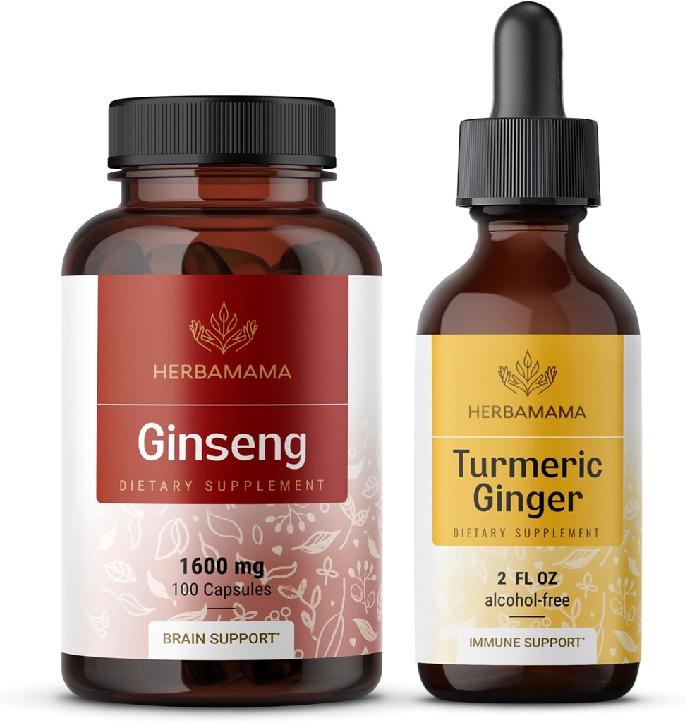 HERBAMAMA Korean Red Ginseng e Turmeric Ginger Kit - Bundle of Korean Panax Ginseng Capsules & Turmeric Ginger Liquid Drops - Vegan, Non-GMO, Sugar & Alcohol-Free - 2 Pack
