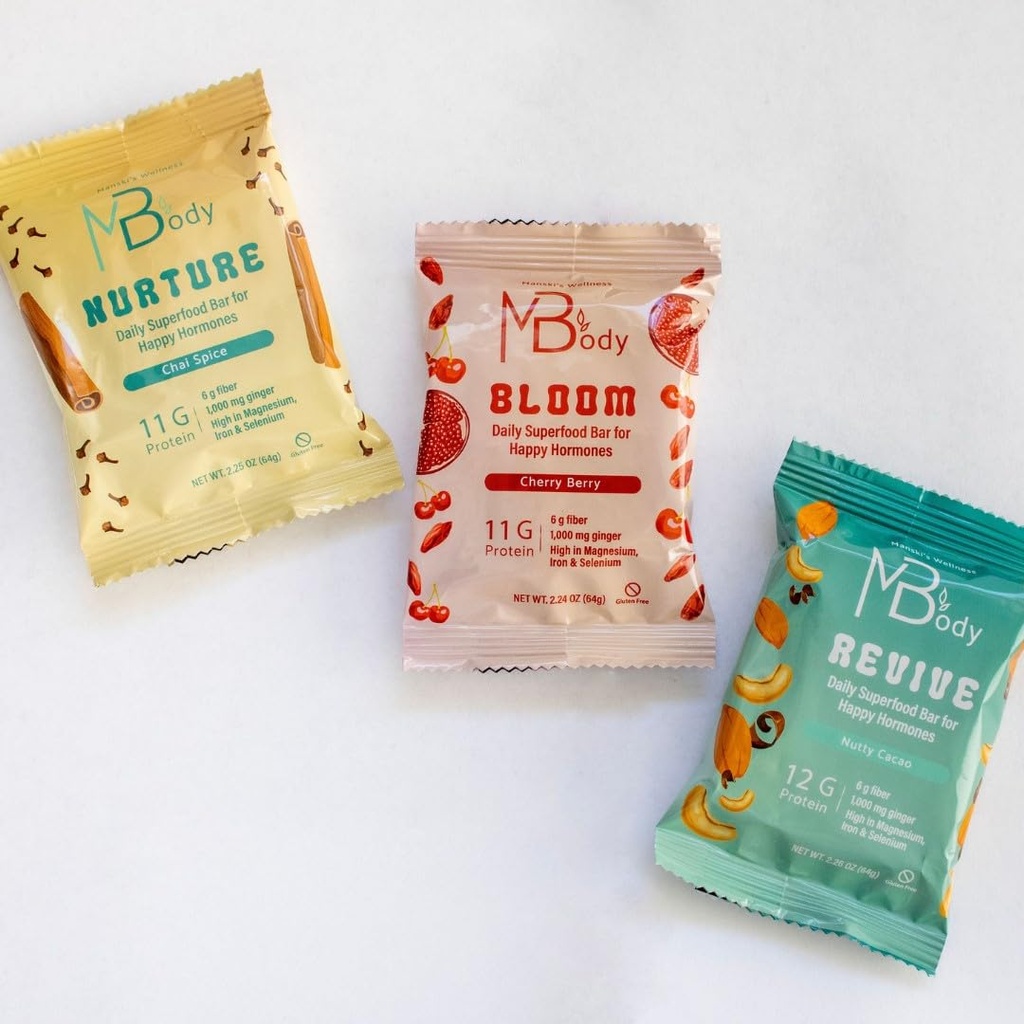 Happy Hormone Bars l Protein Cycle Syncing Bars with Organic Ginger l Promuove l'equilibrio dell'ormone l Supports Fertilità, Qualità dell'uovo, PMS & Sperm Health (28 pack, Ciclo Sync Stack (5 chai spice, 9 ciliegia, 14 noci di cacao)