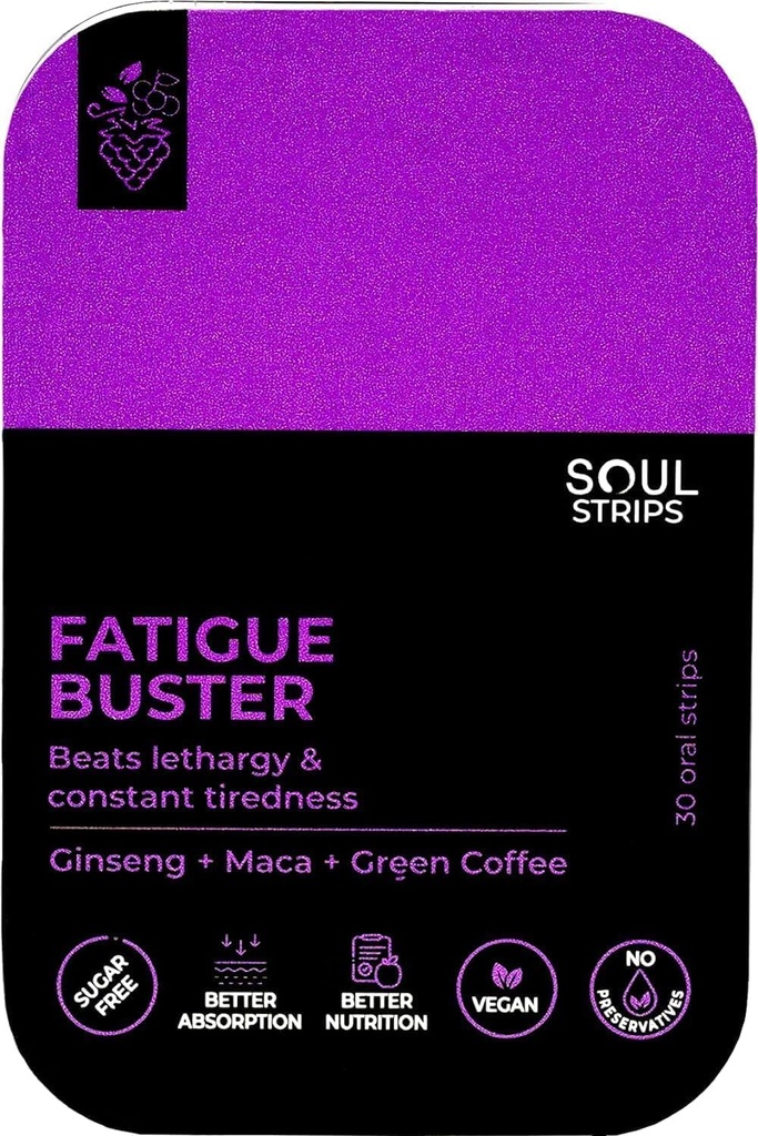 Soul Strips Fatigue Buster - Ginseng, Maca, Green Coffee, Energy Booster, Riduce Mental & Physical Fatigue, Quick Absorb, Mixed Berries Flavor, Travel-Friendly, 30 Fast-Dissolving Strips Pack