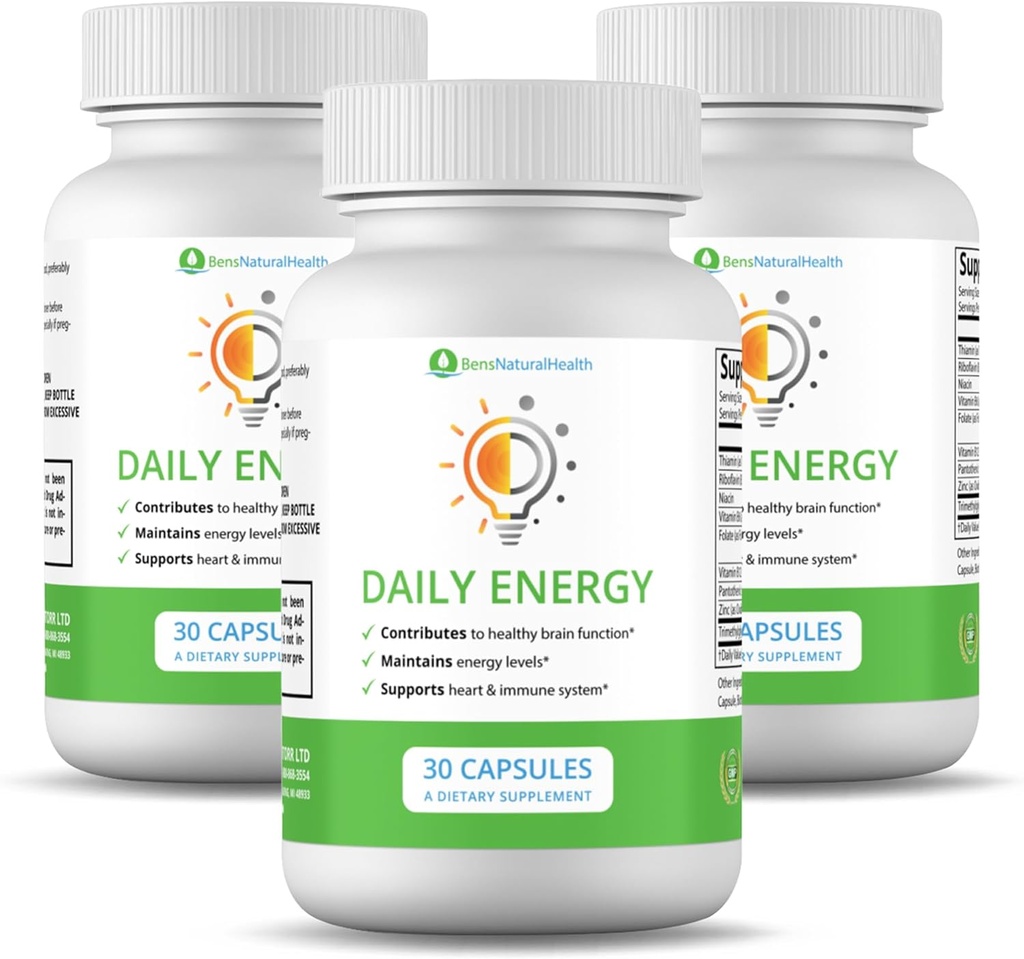 Ben's Natural Health Daily Energy B-Vitamin Complex with TMG and Zinc for Natural Energy, Stress, Focus & Immune Support, 30 Capsule, 3 Pack