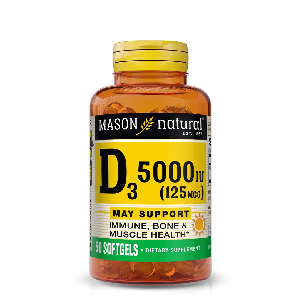 MASON NATURAL Vitamina D3 125 mcg (5000 IU), Supporta Bone, Muscle & Immune Health, da Fish Liver Oil, 50 Softgels, Confezione da 3