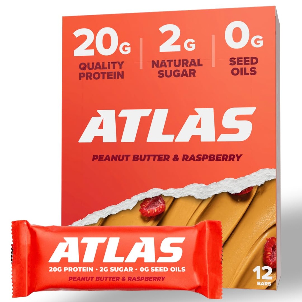 Atlante Protein Bar, 20g Protein, 1g Zucchero, Ingredienti puliti, Senza glutine (Poltro di arachidi lampone, 12 conte (Pack di 1))