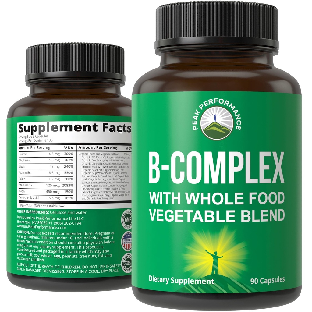 Vitamina B Complex Capsules + Tutta la miscela alimentare di 25 verdure e frutta per l'assorbimento massimo. Migliore Vegan B-Complex supplemento con vitamina B1, B2, B3, B5, B6, B7, B9 e B12. 90 capsule. Miglioramento dell'energia