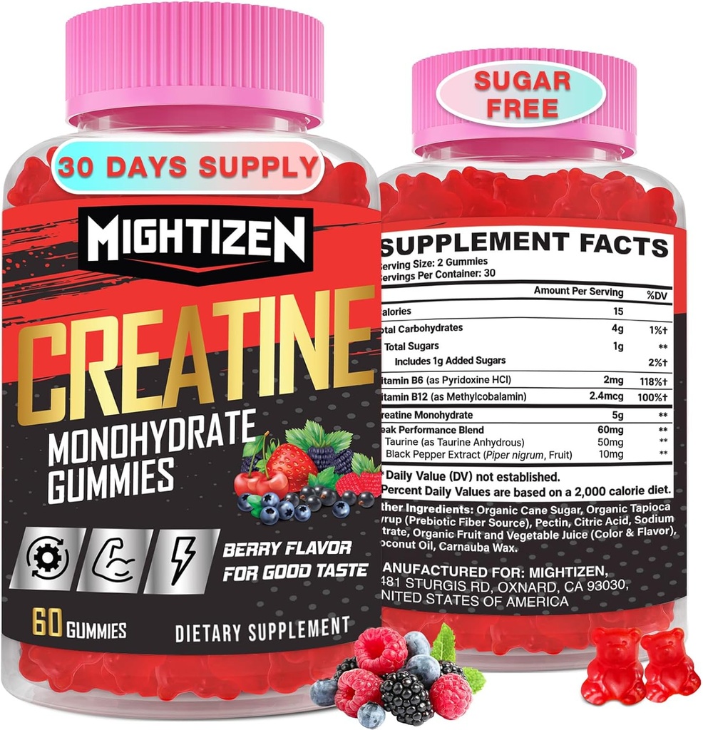 Creatina Monoidrato Gummies per Uomini e Donne, Creatina per Donne Masticabili Creatina Monoidrato con Taurina & Vitamina B12, Gummie pre-allenamento per Max Forza, Energia & Endurance, Berry 60 Conti