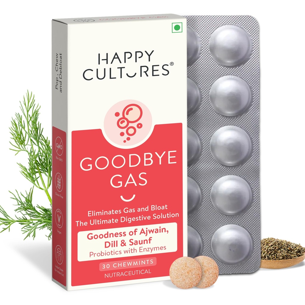 Buone culture Addio gas, Chewable Gas Relief Capsule per la salute digestiva, Bloating e indigestione con Simethicone 50mg - 30 Chewables
