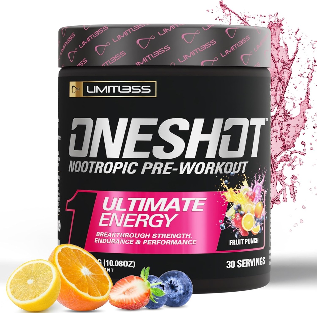 Polvere di supplemento di aminoacidi di Oneshot Pre Workout per gli uomini e le donne - polvere di supplemento di aminoacidi di BCAAS, 200 mg Caffeina, polvere di alanina di beta, polvere di preallenamento della citrullina - Punch di frutta - 30 porzioni