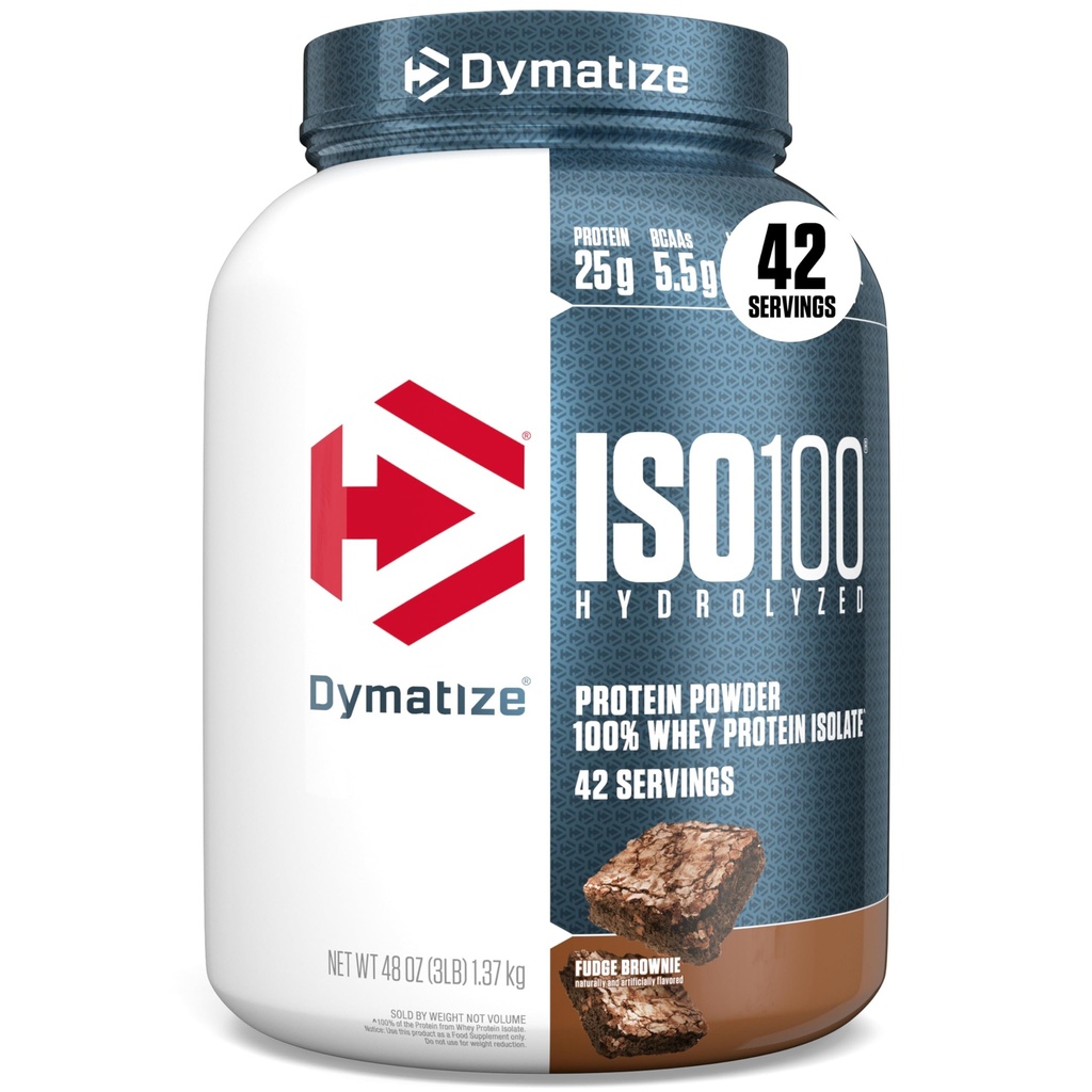 Dymatize ISO100 Whey Protein Powder Isolate, Fudge Brownie, 25g di Protein, 3 Pound, 5.5g BCAA, Meno di 120 Cal., Gluten Free, 1g Fat, 1g Sugar, 2g Carb (42 Servings)