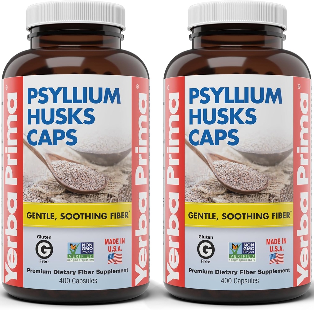 Yerba Prima Psyllium Husks Caps, 625 mg, 400 capsule (Pack of 2) - Fibra naturale per gli uomini e le donne - Supplemento di supporto di regolarità