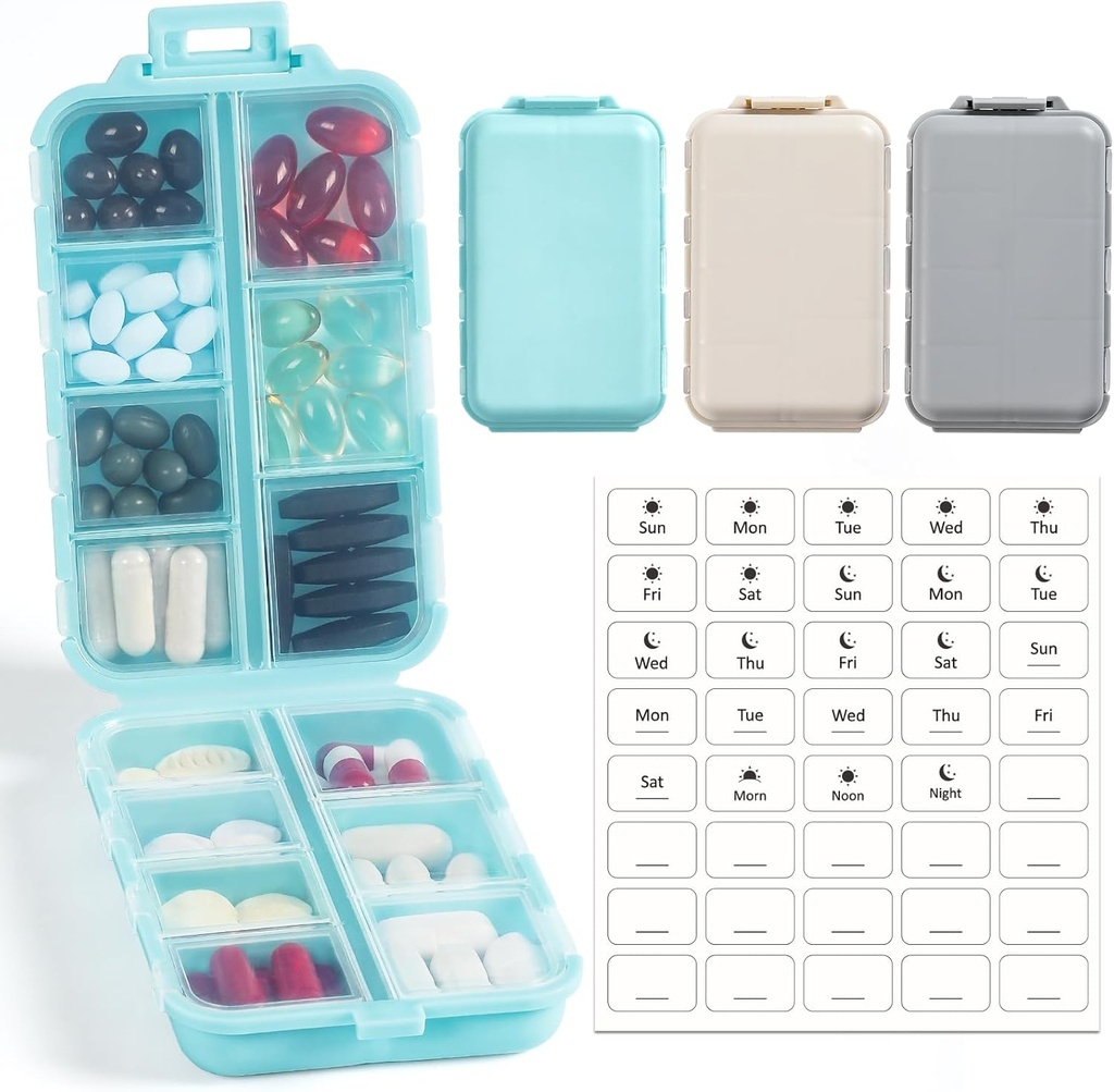 3 Pack, 14 GRIDS Travel Pill Organizer Box con Etichette - Travel Medicine Case Kit - Pocket Daily Pharmacy Container - Dispenser per il supporto per la vitamina dell'olio di pesce