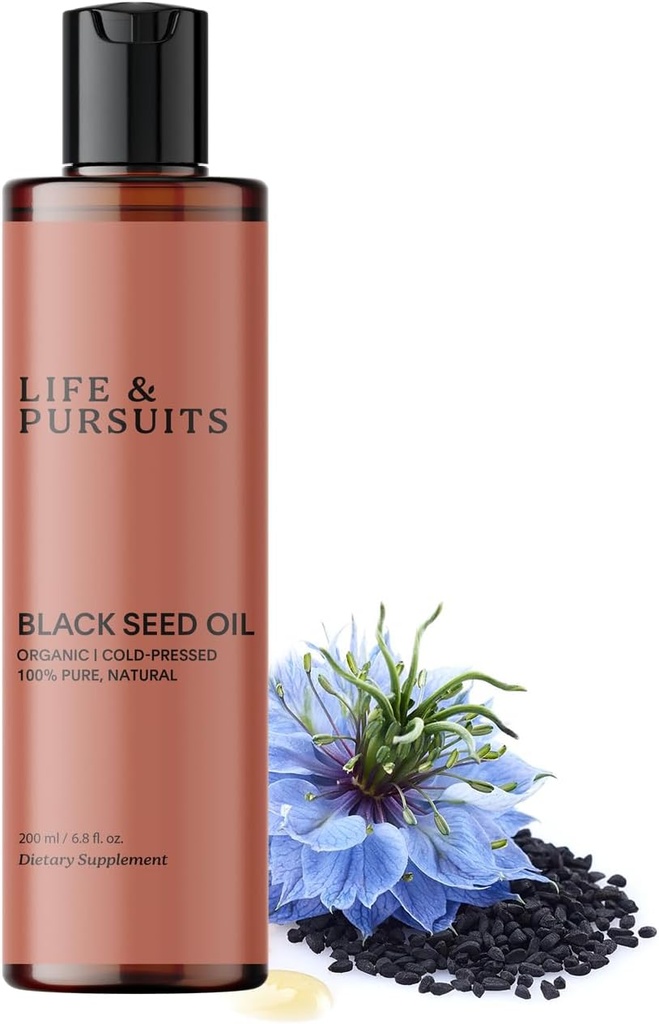 Life & Pursuits Organic Black Seed Oil (Kalonji) - 100% Pure, Natural, Cold Pressed | Fonte naturale di Thymoquinone & Omega 3 6 9 | Antiossidante per il supporto immunitario, Hair & Skin (6.8 Fl Oz)