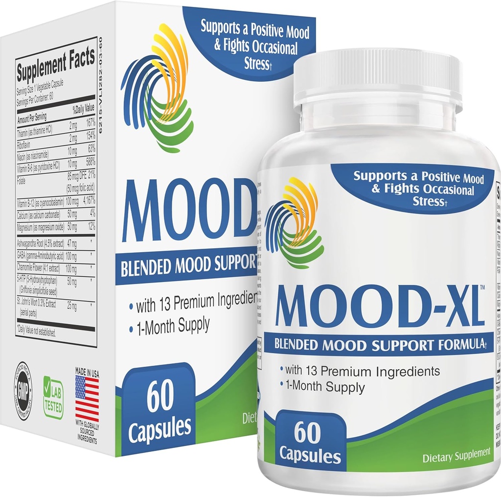 Mood-XL: 30-Day Mood Support Supplemento (All-in-1 Blend) con 13 Ingredienti attivi | Integratori di umore sani e vitamine | Alimentazione 1-Month | 60 capsule