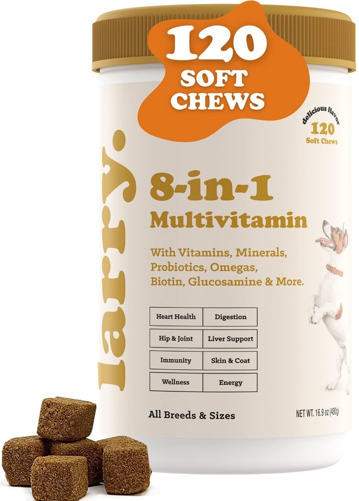 8-in-1 Multivitamin Dog Supplemento di Larry | Cuore, Digestione, fegato, pelle, cappotto, & Joint Support Supplement per cani | con vitamine, minerali, Omegas, & Glucosamine Chondroitin | 120 Soft Chews