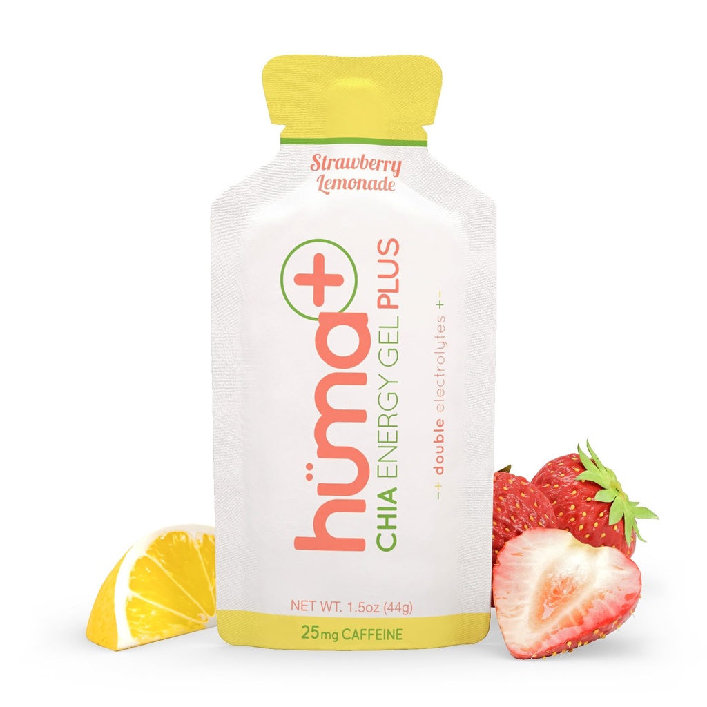Huma Plus (elettroliti doppi) - Gel di energia Chia, Limonata di fragole, 12 Gel, 25mg Caffeina - Gel di energia alimentare reale