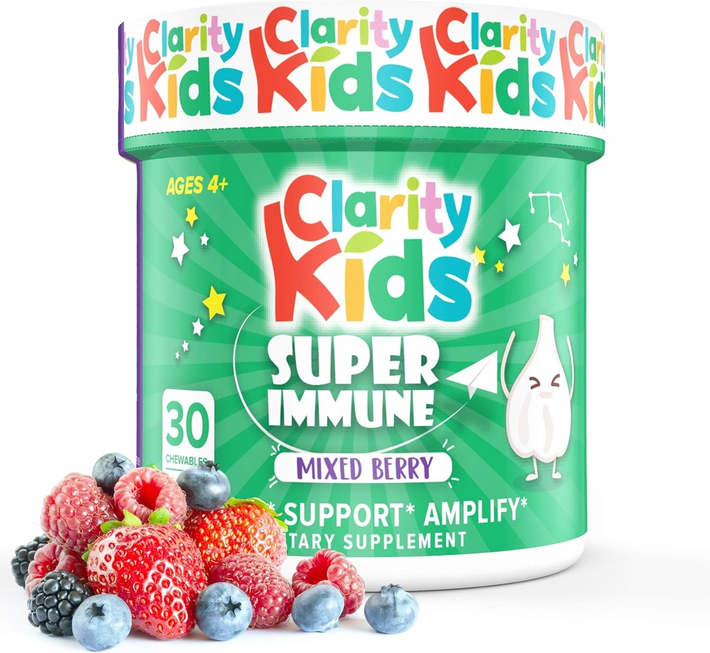 Clarity Kids Super Immune Support | Estratto di mirtillo, Vitamina C, Probiotici e Zinco per Bambini | Tutto Natural Kid Supplemento per un Gut sano | USA Made Chewables | 30 pezzi