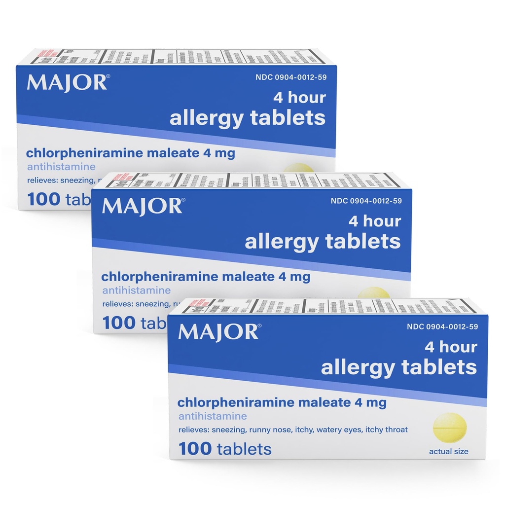 MAJOR 4 Mg Allergy Tablets - Chlorpheniramine Maleate 4-Hour Allergy Medicine - Antistamina per il sollievo di starnuti, Itchy Occhi Watery, Itchy Throat, e Runny Nose - 100 Count (3 Pack)