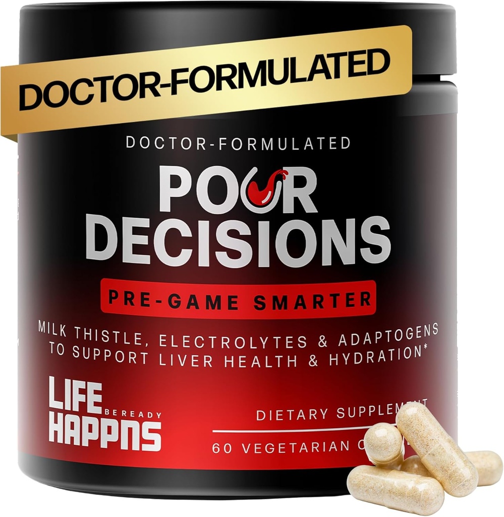 Life Happns Pour Decisions Liver Health Supplement with Milk Thistle, Vitamina B6, Electrolytes - Supporta idratazione e recupero, 60 capsule