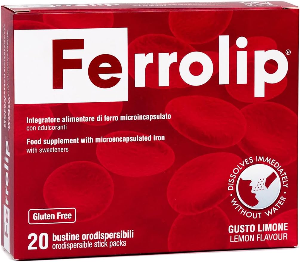 Ferrolip Iron Supplemento per donne, uomini e bambini (20 Sacchetti solubili aromatizzati al limone) - Comfort gastronomico e nessun gusto metallico - Vegan e Gluten Free