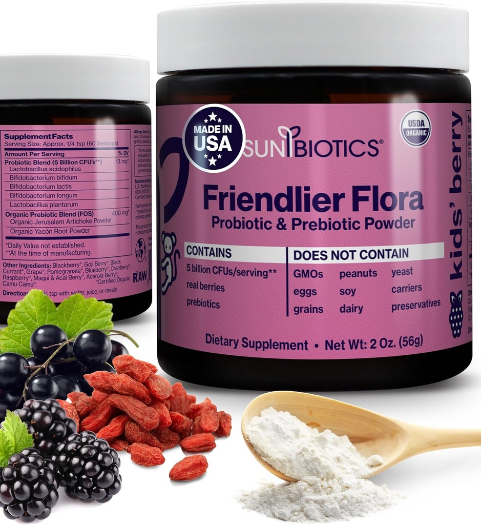 SUNBIOTICS Friendlier Flora - Bambini Prebiotico e Polvere Probiotica Supplemento con 5 miliardi di CFU di 5 Strains Probiotici per Buona Gut Flora, Sistema Immune, & Balanced Microbiome - Berry, 2 Ounce