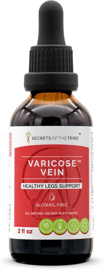 Segreti della Tribe Varicose Vein Alcohol-Free, Glycerite Butcher's Broom, Horse Chestnut, Bilberry, Cayenne, Gotu Kola, Grape. Tintura, Estratto di erbe Gambe salutari Supporto 2 OZ