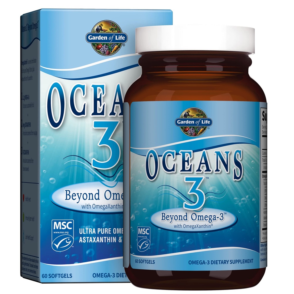 Giardino della vita Oceani 3 Oltre Omega-3 con OmegaXanthin, EPA, DHA Supplementi, Olio di pesce con 1200 mg Omega 3, Astaxanthin & Brown Seaweed Extract - 60 Softgels