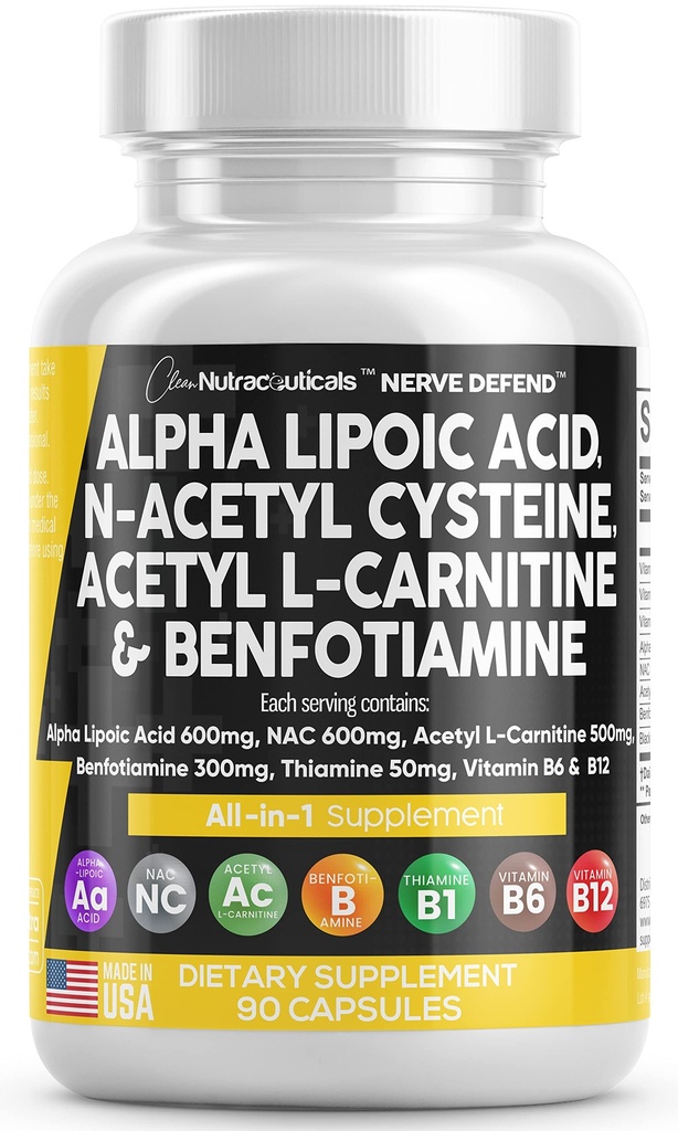 Acido alfa lipoico 600mg N-Acetil Cysteine 600mg Acetil L-Carnitina 500mg Benfotiamine 300mg - Nerve Support Supplemento per le donne e gli uomini con vitamina B1 B6 & B12 - Made in USA 90 Caps