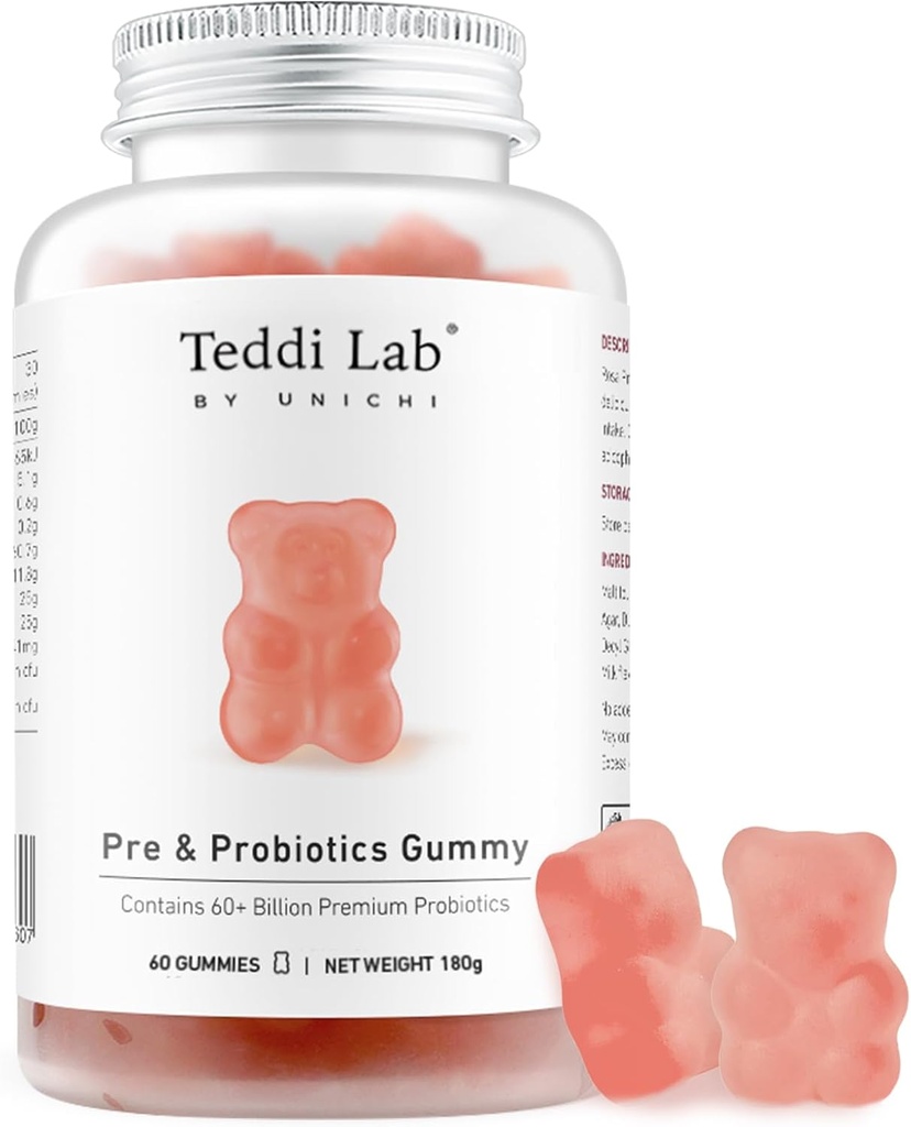 Unichi Pre & Probiotics Gummy, 60+ miliardi di Probiotici Combinati con Prebiotici per il Benessere Digestivo e l'Equilibrio Interno, Non OGM, Yogurt Flavour, 60 Conte