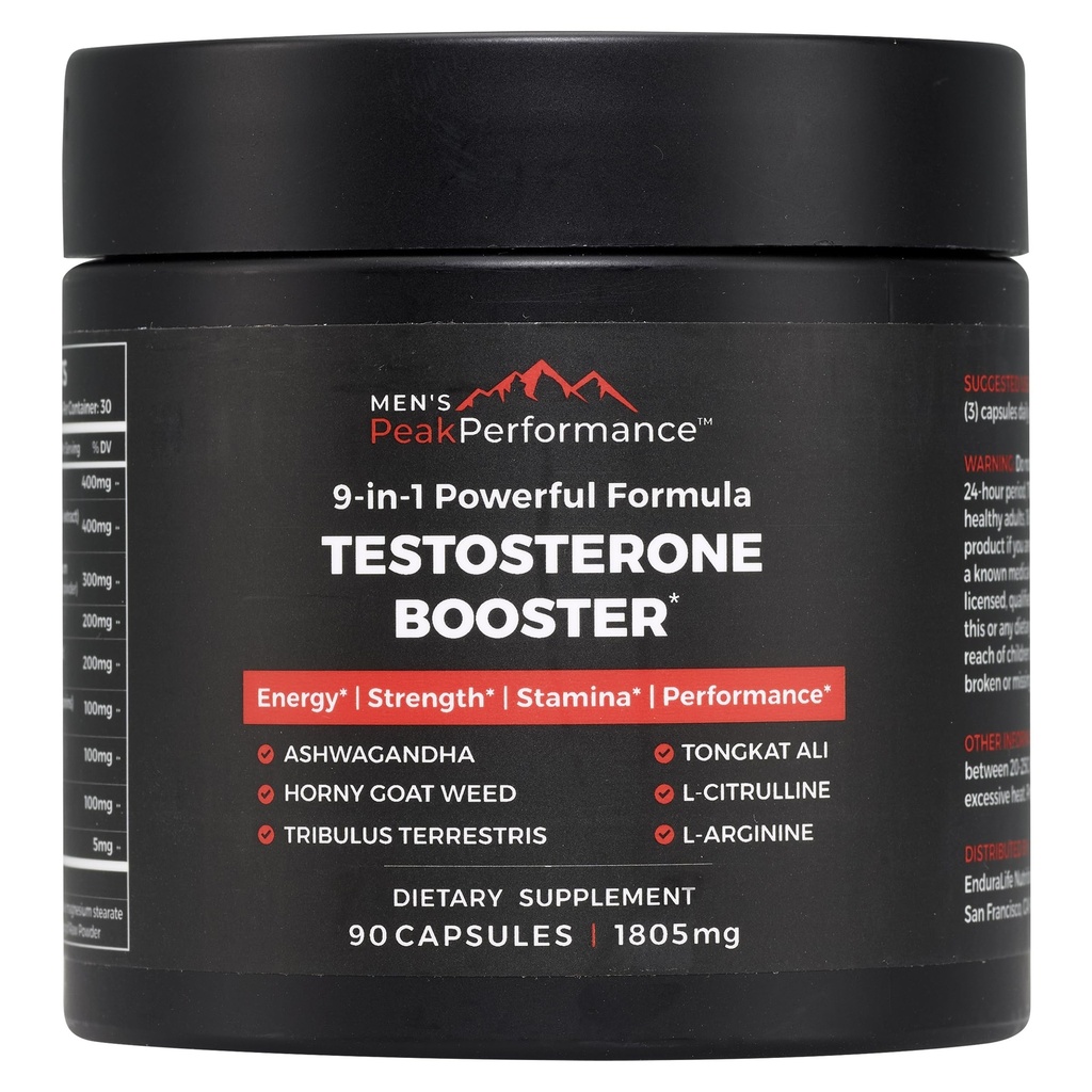 MEN'S PeakPerformance - Testosterone Booster Supplemento per gli uomini - Boost Stamina, crescita del muscolo, energia, resistenza, resistenza e unità - Ashwagandha, Tribulus, L-Arginina, Tongkat Ali- 90 capsule