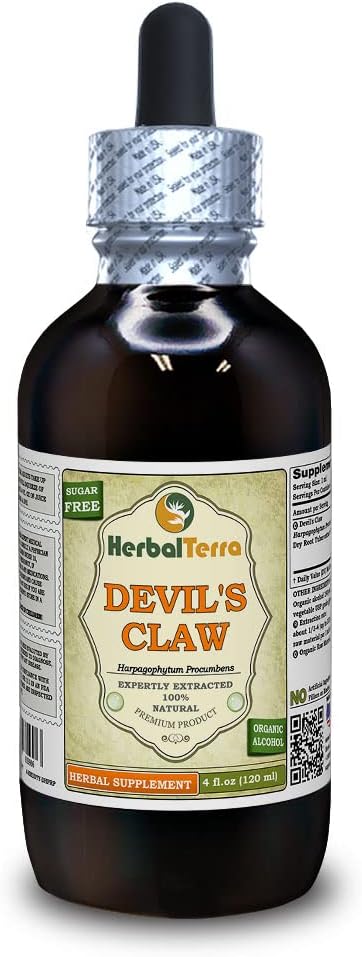 Claw del diavolo (Harpagophytum Procumbens) Tintura, Estratto di liquido di radice secca organico (Nome: HerbalTerra, Proudly Made in USA) 4 fl.oz (120 ml)