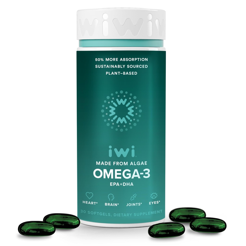 Iwi Omega-3, 30 Softgels (30 Serve), Vegan Plant-Based Algae Omega 3 con EPA + DHA, Integratore alimentare completo, Krill & Fish Oil Alternative, No Fishy Aftertaste