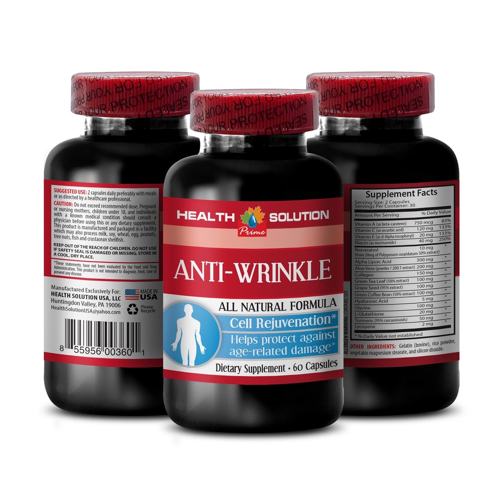 Vitamina E collagen - ANTI-WRINKLE COMPLEX - Minerali cutanei, Formula naturale anti-invecchiamento, capsule antirughe per viso, siero antirughe, acido alfa lipoico, pillole antirughe per le donne, 1B 60 Caps
