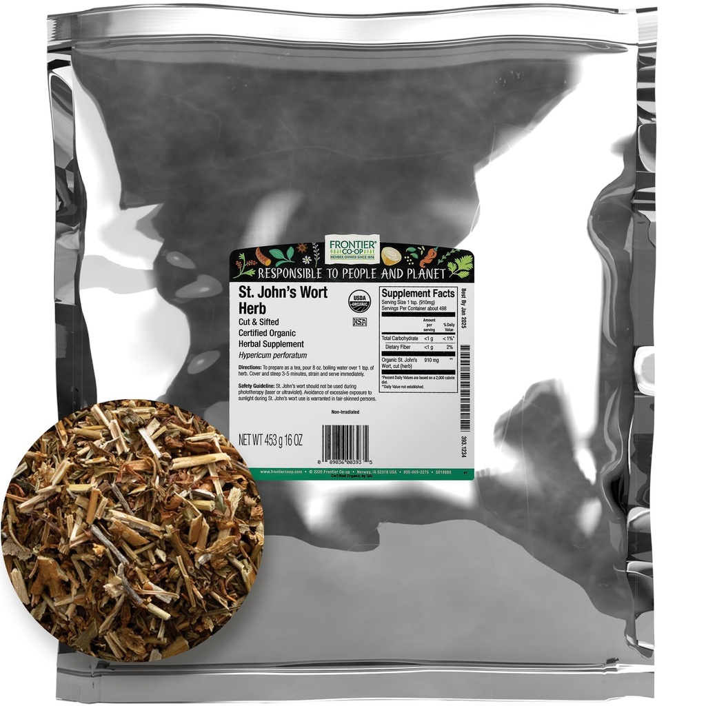 Frontier Co-Op Organic Cut and Sifted Saint John's Wort Herb 1lb - erba secca per St Johns Wort Organic Tea or Diy Capsules, olio, tintura, supplemento