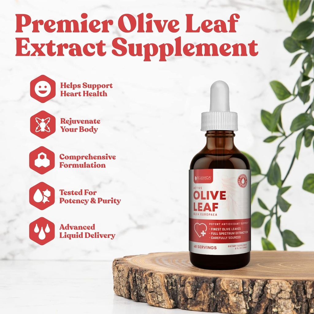 Estratto di foglie di oliva attivo di Rejuvica | Gocce liquide di Oleuropeina naturale per il supporto cardiaco e immunitario | Fast-Absorption, Vegan, Alcohol-Free | 6 fl oz