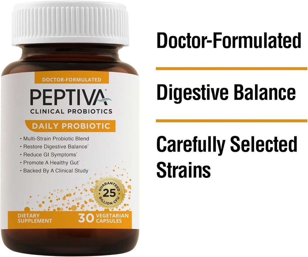 Peptiva Daily Probiotic, 25 miliardi di CFU, Probiotici Multi-Strain, Lactobacillus Acidophilus, Bifidobacterium, Integratore Digestivo di Supporto - 30 Conte
