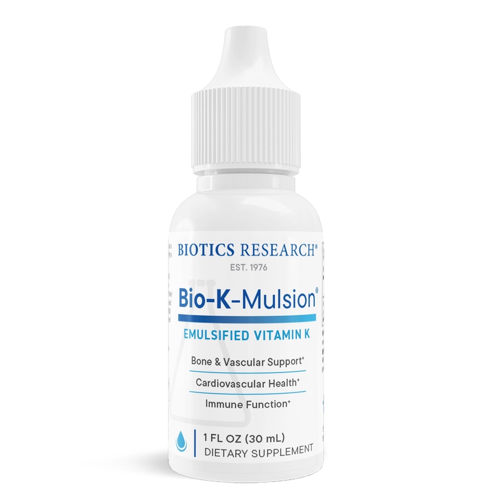 Biotics Research Bio K Mulsion Liquid Vitamin K Gocce - 500 mcg/S - Vitamina K1 fitonadione per adulti - VIT K Supplemento - Bones forti, salute del cuore, supporto per la chiusura del sangue, 1 fl oz